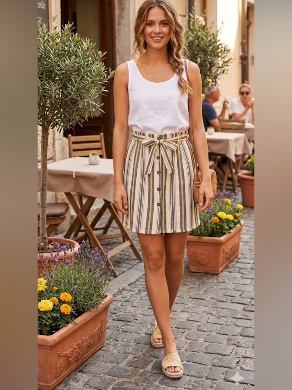 Live 4 Truth Skirt Button Up Women Large Striped Belt Cotton Blue Yellow White